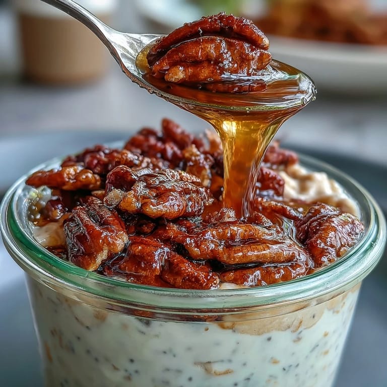 Velvety oats infused with vanilla and maple, layered with golden candied pecans and a sweet maple syrup drizzle for a wholesome morning treat.  