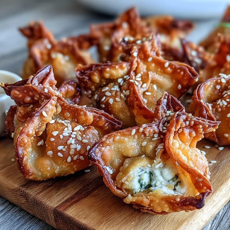 Golden-brown wontons stuffed with savory cream cheese and served with sweet chili dipping sauce for extra flavor.