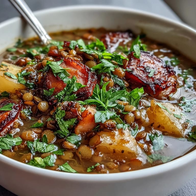 A comforting bowl of ham bone and lentil soup, loaded with diced carrots, parsnips, and potatoes for a nourishing meal.  