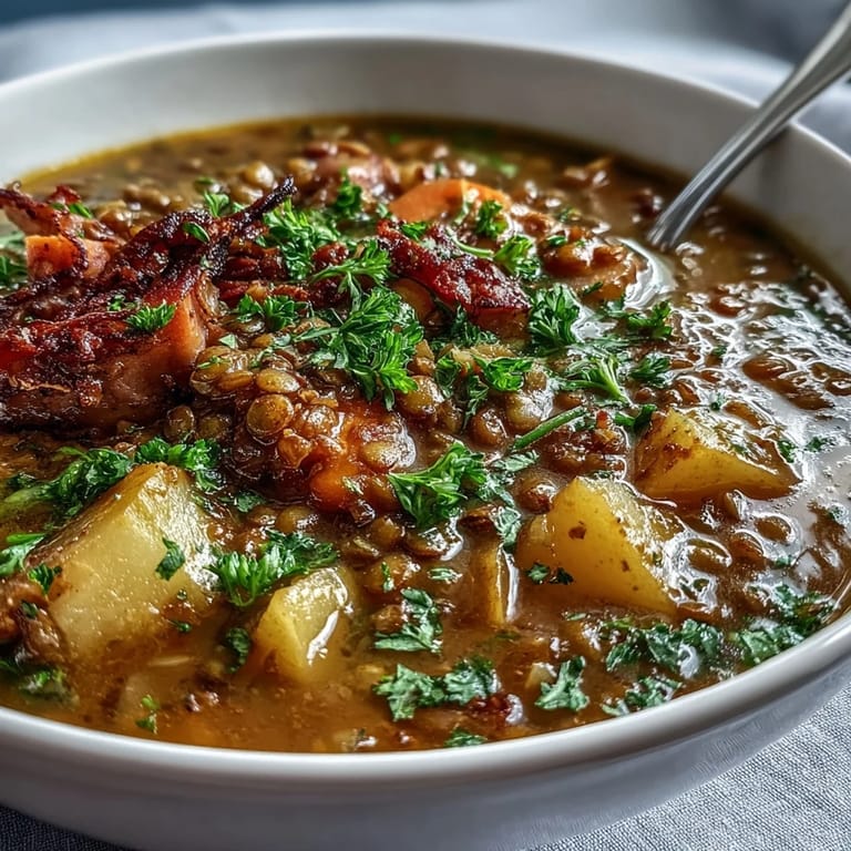 Slow-simmered ham bone and lentil soup with root vegetables, garnished with fresh parsley and served with lemon wedges for brightness.
