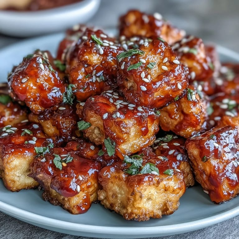 Golden brown tofu nuggets with a tangy sweet chili glaze, perfect for a quick appetizer or snack.  