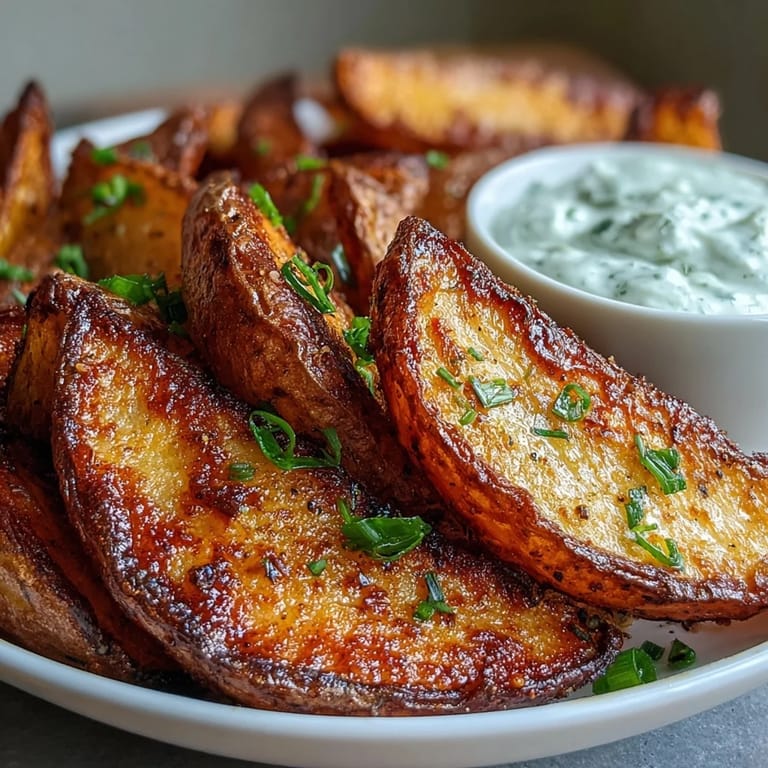 Golden air-fried potato wedges paired with tangy spring onion dip, perfect for snacking.