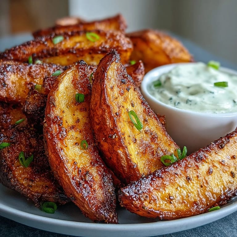Crunchy potato wedges straight from the air fryer, served alongside zesty spring onion dip.