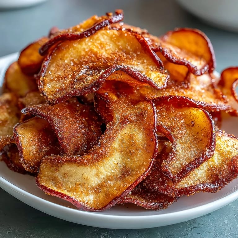 Fragrant air-fried apple slices coated in sweet cinnamon sugar, a healthy snack with irresistible crunch and natural sweetness.