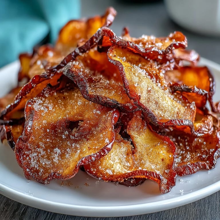 Thin, golden apple chips sprinkled with cinnamon sugar, offering a naturally sweet, satisfying crunch straight from the air fryer.