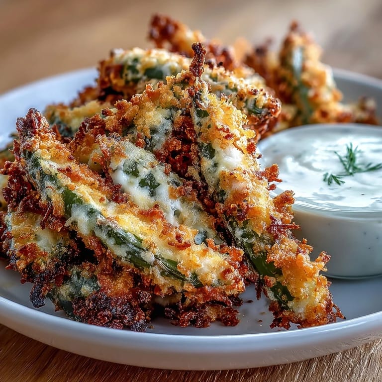 Golden, crunchy green bean fries made in the air fryer, paired with a tangy Greek yogurt ranch dip for a healthy snack.  