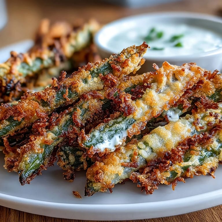 Air-fried green bean fries with a light Parmesan crust, served alongside fresh, herby ranch yogurt dip for dipping.