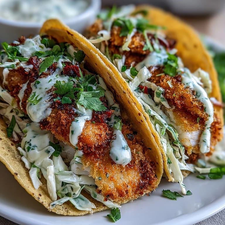 Crispy air-fried white fish strips paired with crunchy red and green cabbage slaw, all wrapped in soft corn tortillas for a fresh, light meal.  