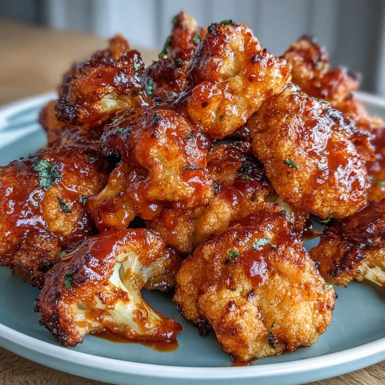 Crispy cauliflower florets drenched in hot Buffalo sauce, air-fried for a healthy, plant-based twist on classic wings.