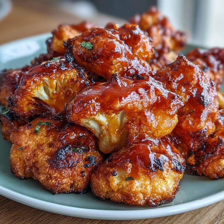 Spicy vegan cauliflower bites air-fried to perfection, coated in tangy Buffalo sauce, perfect for game day snacking.  