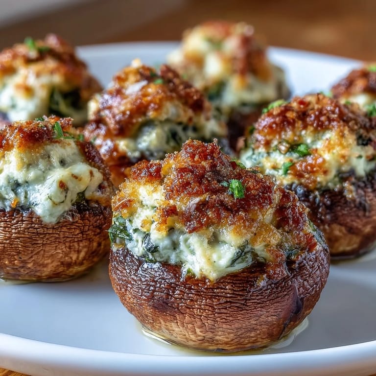Creamy spinach and cheese stuffed mushrooms, air fried until golden and crisp, perfect appetizer for parties or snacks.