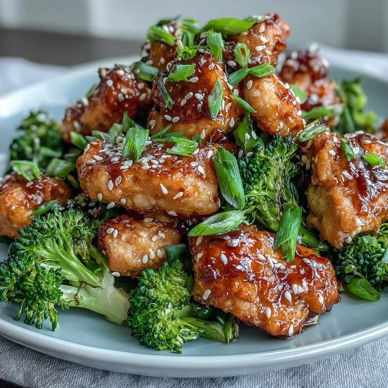 Juicy chicken bites coated in a sticky honey garlic sauce, served over tender air-fried broccoli with sesame seed garnish.