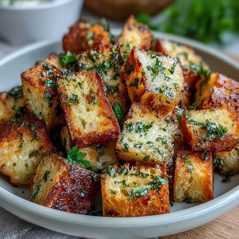 Air-fried sourdough croutons bursting with garlic and herb flavor, adding crunch to any dish.