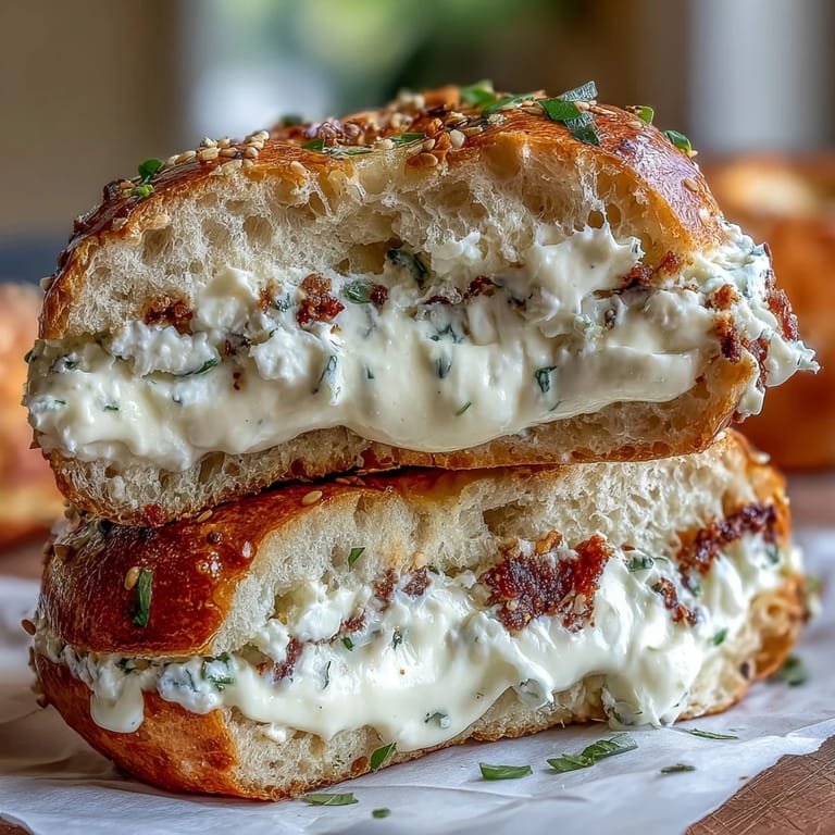 High-protein bagels with garlic and herbs, sliced and spread with creamy cottage cheese, garnished with chopped chives and parsley.