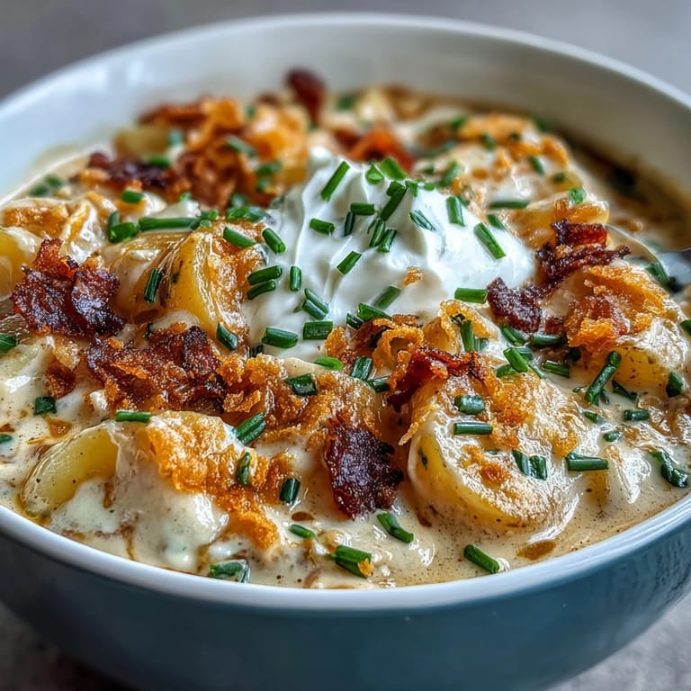 Warm, hearty funeral potatoes loaded baked potato soup with tender russet potatoes, sour cream, and smoky bacon in every spoonful.