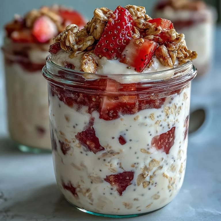 Layered strawberry shortcake overnight oats featuring juicy strawberries and vanilla yogurt cream.  
