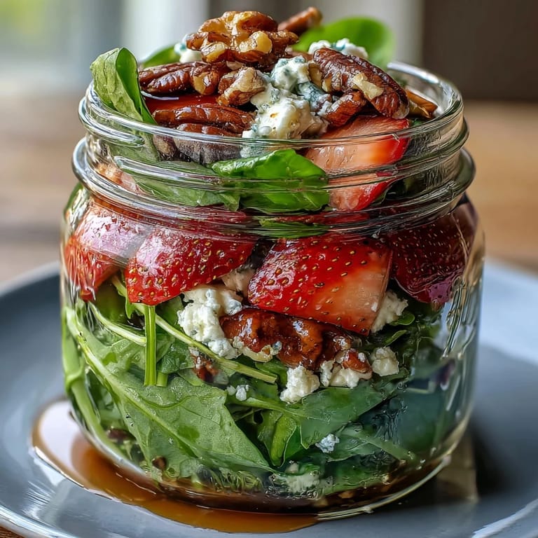 Refreshing layered salad in a jar with sweet strawberries, creamy goat cheese, and toasted nuts for a healthy picnic treat.