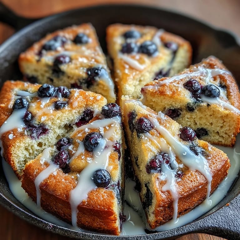 Zesty lemon sourdough skillet cake topped with sweet icing and garnished with fresh blueberries.