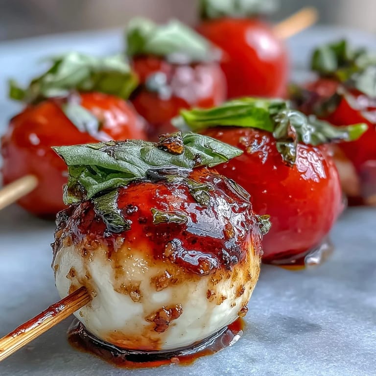 Elegant Caprese skewers featuring cherry tomatoes, mini mozzarella balls, and basil leaves for bridal shower appetizers.