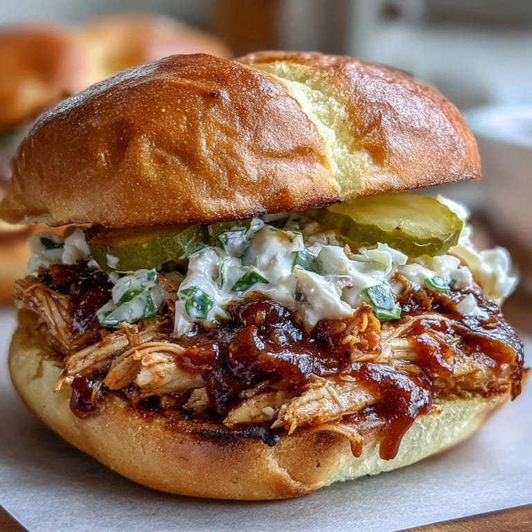 Savory pulled chicken sliders with rich barbecue flavor, topped with crisp slaw and pickles on buttery slider rolls.