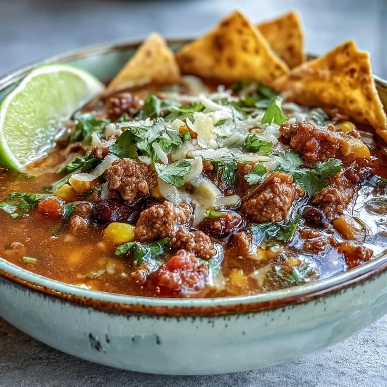 Cozy taco soup featuring seasoned ground beef, vibrant bell peppers, and hearty beans, topped with a dollop of sour cream and jalapeños.