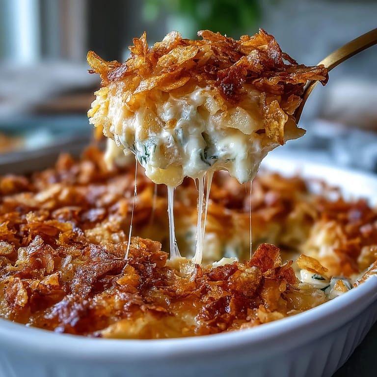 This comforting potato bake features tender shredded hash browns mixed with Greek yogurt sauce and melted cheddar, finished with a crunchy topping.