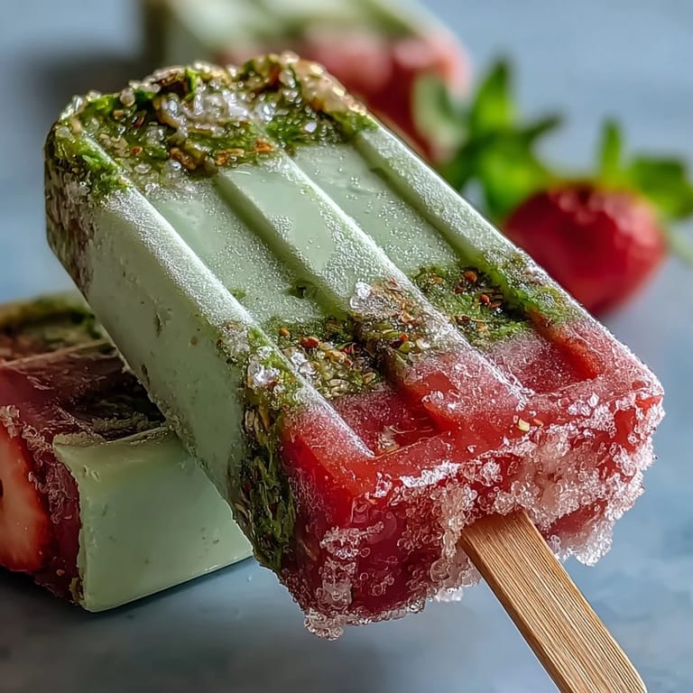 Homemade Strawberry Matcha Latte Popsicles featuring fresh strawberries, rich matcha, and creamy milk for a delightful spring dessert.
