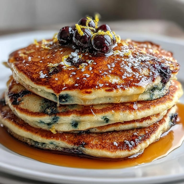 Golden-brown sourdough pancakes studded with plump blueberries and a hint of tangy lemon, ready to serve with maple syrup.