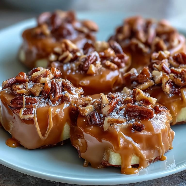 Crunchy apple slices dipped in smooth caramel and topped with a luscious peanut butter drizzle for a sweet snack.
