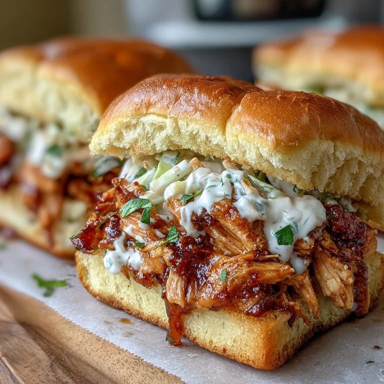 Mississippi Chicken Sliders featuring juicy, slow-cooked shredded chicken with creamy coleslaw on fluffy slider buns, ideal for casual gatherings or family dinners.