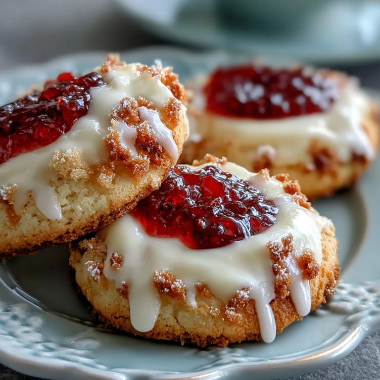 Classic British teatime cookies with creamy clotted cream and vibrant strawberry jam filling.