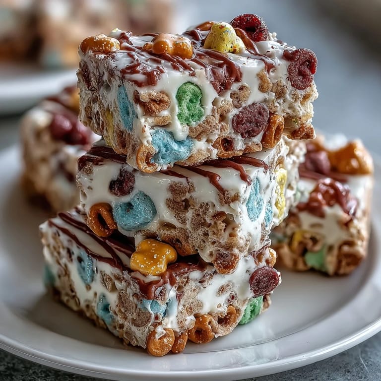 Lucky Charms bark centerpiece on St. Patrick's Day dessert board, surrounded by green candies, chocolate coins, and rainbow sweets.