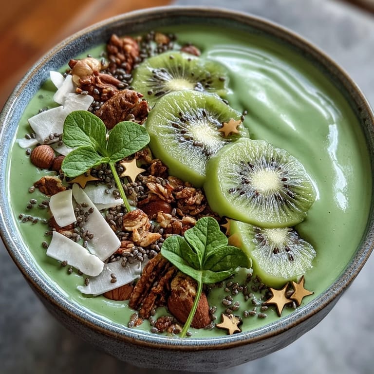 Creamy protein-packed smoothie bowl decorated with edible gold stars and coconut flakes for festive St. Patrick's Day fun.