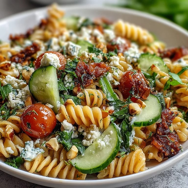 Refreshing Lemon Vinaigrette Pasta Salad with crunchy cucumbers, sweet cherry tomatoes, and tangy lemon dressing, great for gatherings.