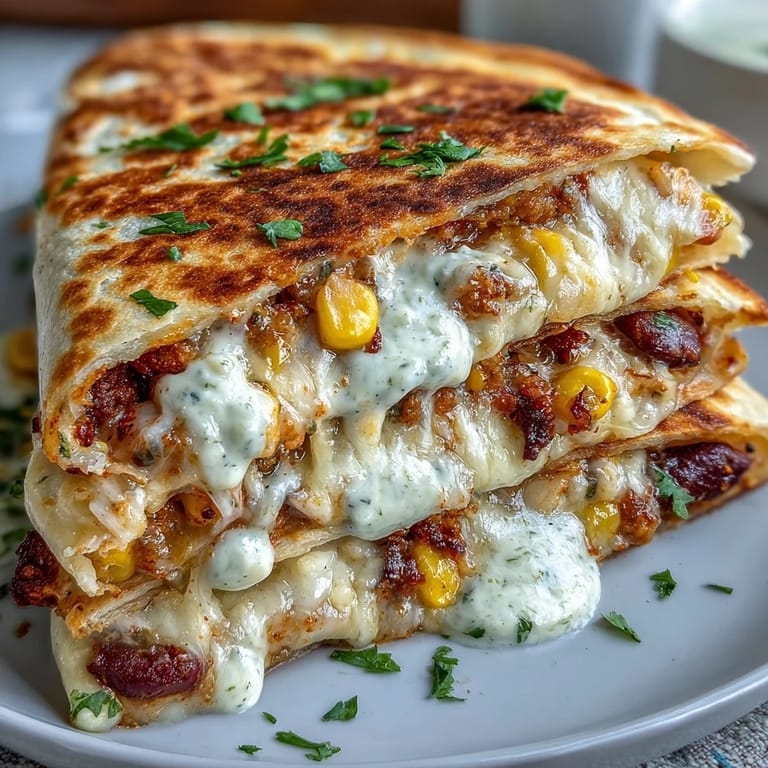 Festive quesadilla filled with charred corn, jalapeño, and Monterey Jack, drizzled with spicy chipotle crema.