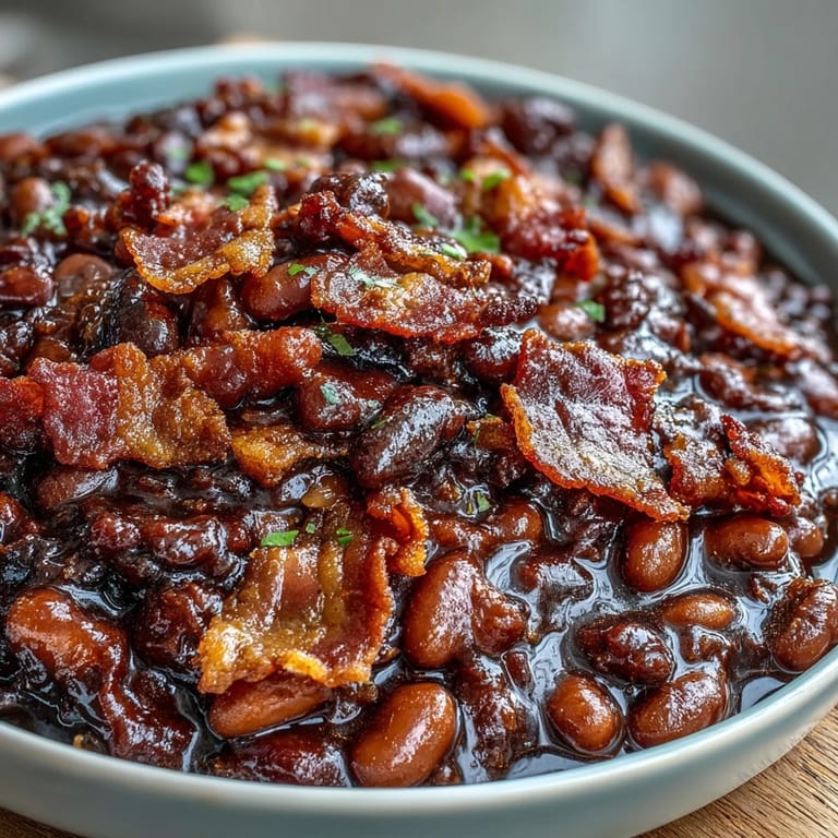 3. Savory baked beans with smoky bacon, bell peppers, and onions, slow-baked to perfection for your next summer barbecue.