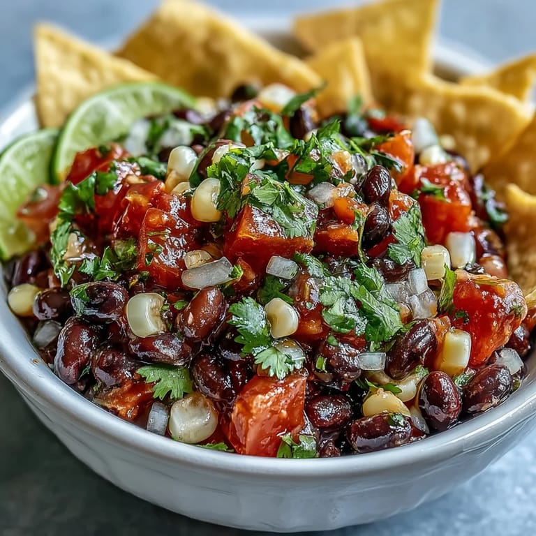 Zesty Cowboy Caviar Dip featuring black beans, corn, and pico de gallo—a quick, vegan appetizer perfect for summer parties.