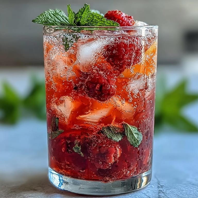 Bright and bubbly raspberry lemon spritz mocktail featuring muddled raspberries and lemon juice, topped with sparkling water and mint garnish.