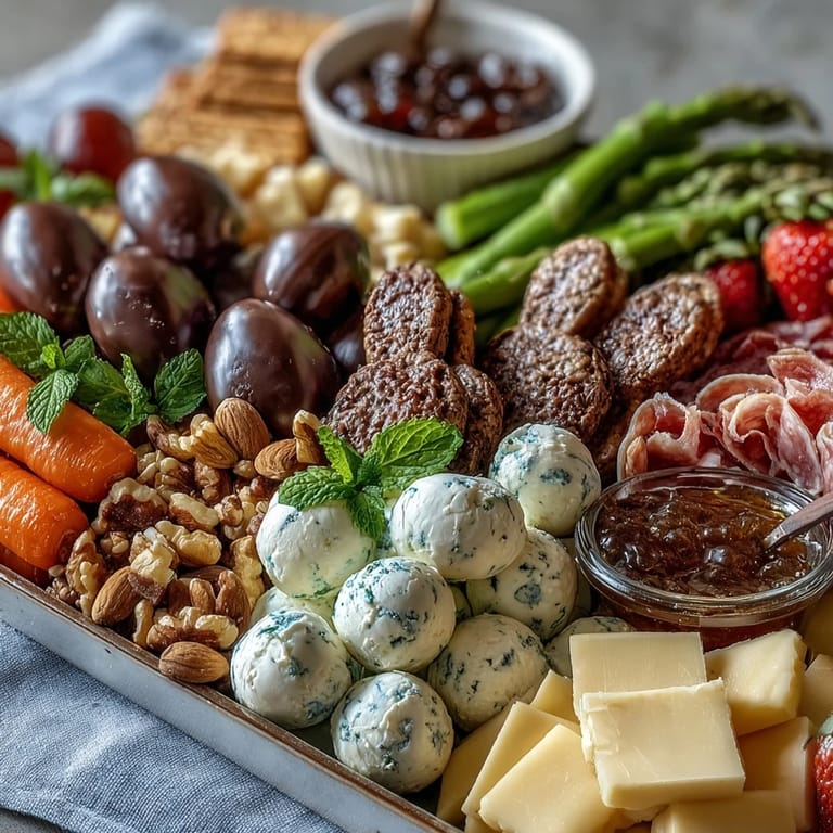Vibrant Spring Charcuterie Board featuring mini Easter baskets filled with fresh mozzarella, strawberries, pastel candies, and bunny cookies for a playful holiday spread.