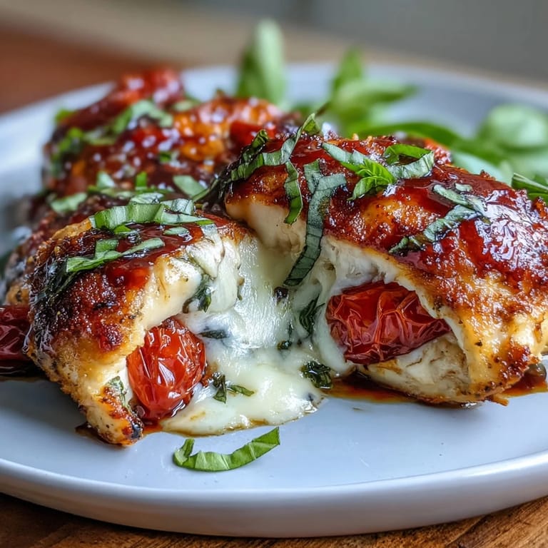 Golden Caprese Stuffed Chicken Breast featuring tender chicken stuffed with ripe tomatoes, fresh mozzarella, and aromatic basil leaves.