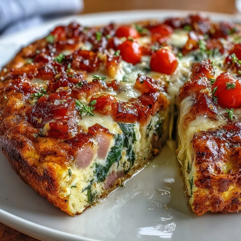 Savory One-Pan Ham and Swiss Frittata loaded with tender vegetables, fluffy eggs, and nutty Swiss cheese.  
