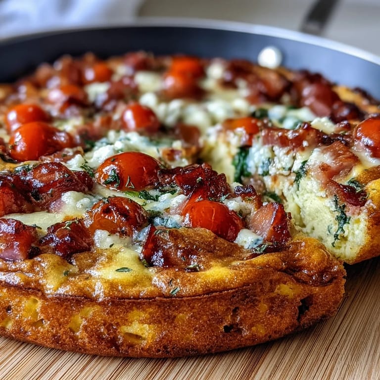 Easy One-Pan Ham and Swiss Frittata featuring juicy ham, fresh spinach, and gooey melted Swiss cheese.