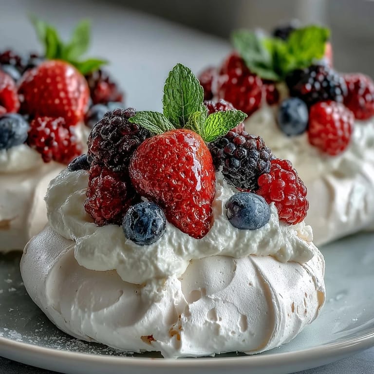 Light and airy pavlova with a marshmallow center, elegantly garnished with whipped cream and vibrant fresh berries.