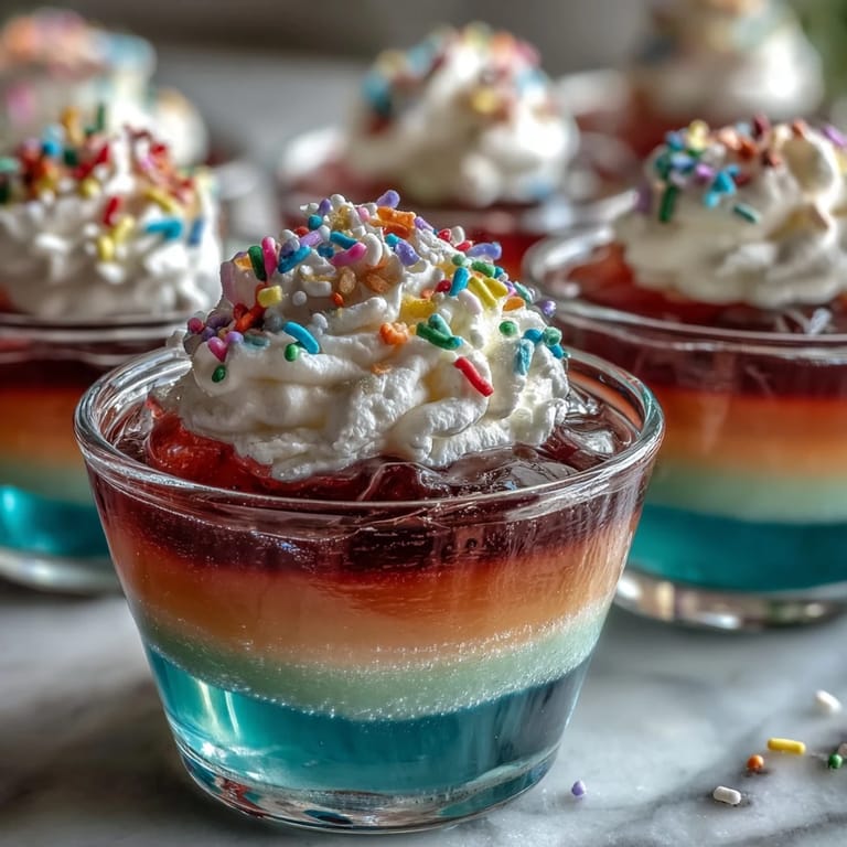 Festive rainbow Jello cups with six fruity flavors, creamy whipped topping, and optional rainbow sprinkles for a fun dessert.