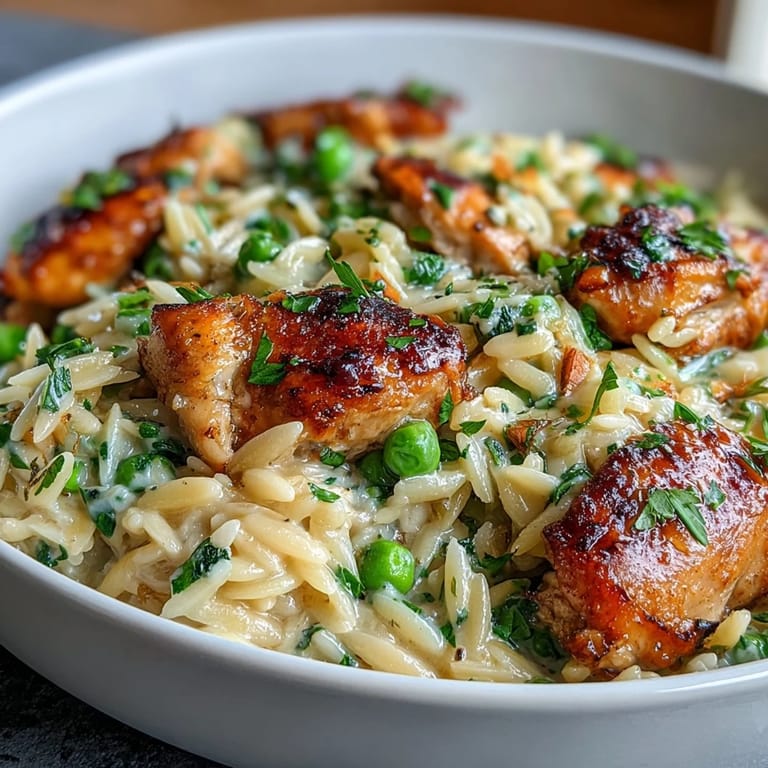 Warm and comforting one-pot lemon orzo with chicken, peas, and fresh lemon zest for a Mediterranean-inspired dinner