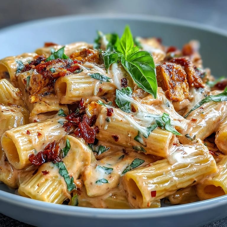 Blush pink pasta in a skillet, rich tomato-cream sauce clinging to tender penne noodles.