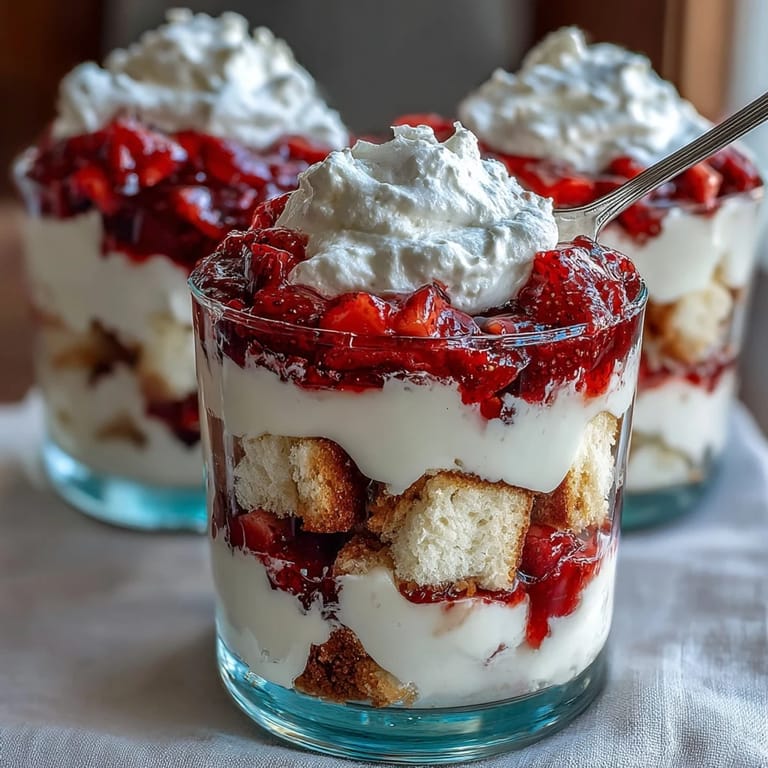 Gorgeous individual strawberry shortcake trifles with juicy strawberries, soft cake cubes, and fluffy whipped cream layers.  