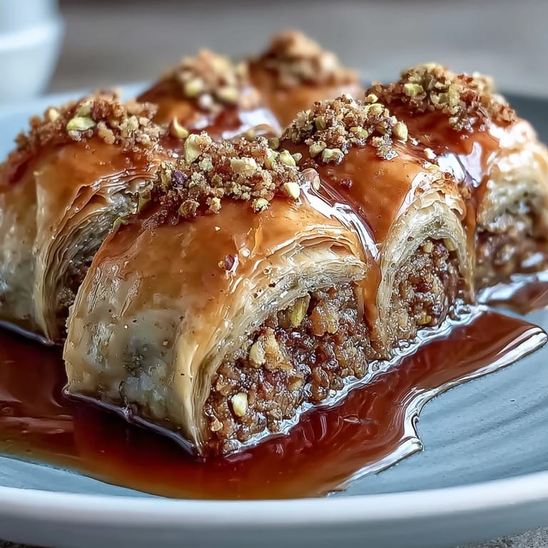 Crispy Pistachio Baklava Rolls, baked to perfection, glistening with syrup.