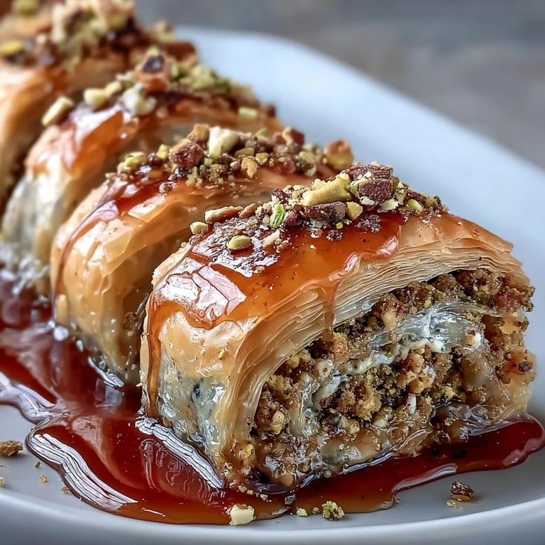 Delicate Pistachio Baklava Rolls, showcasing crunchy layers filled with vibrant nuts.