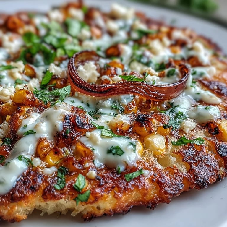 Festive Mexican street corn flatbread featuring sweet charred kernels, rich cotija, and a spicy jalapeño crema, perfect for Cinco de Mayo.
